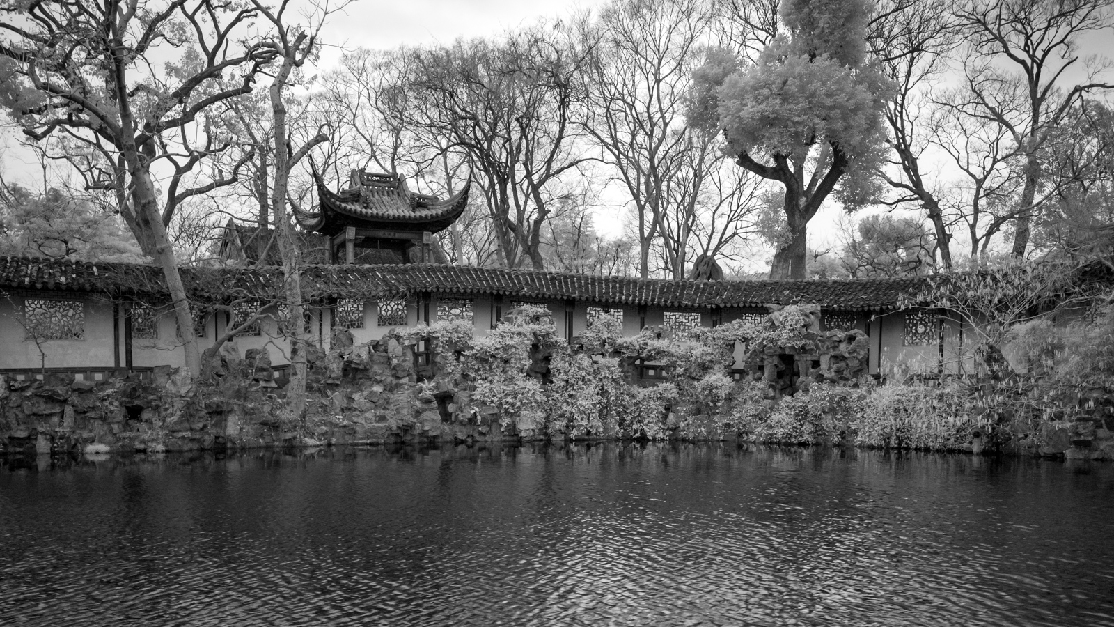 A view from across the pond showing the Double Corridor with the Canglang Pavilion behind it.
