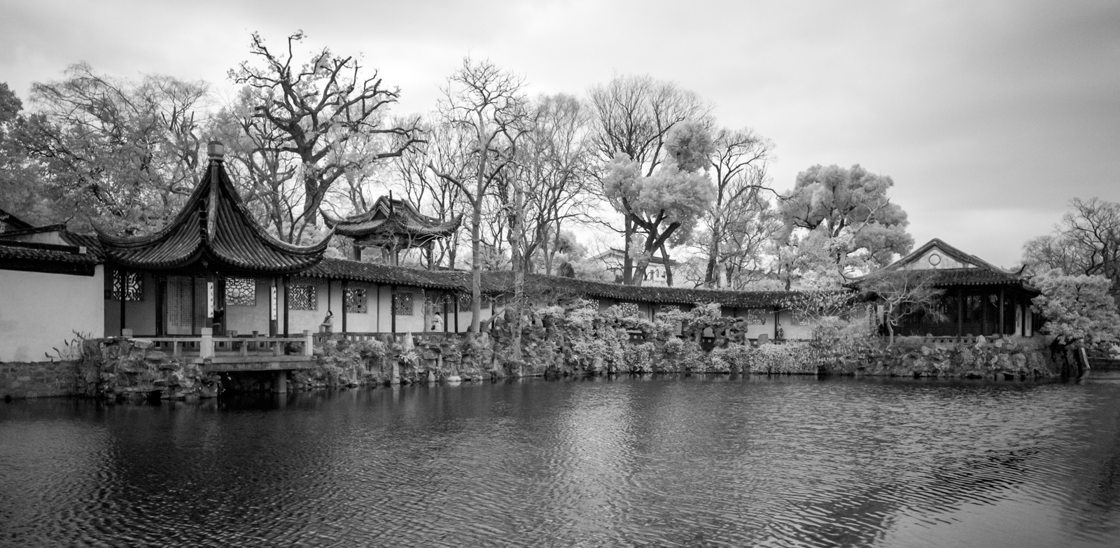 A panoramic view across the pond showing the Pavilion for Fish Watching, the Double Corridor, and the Canglang Pavilion with Mianshui Xuan on the right.
