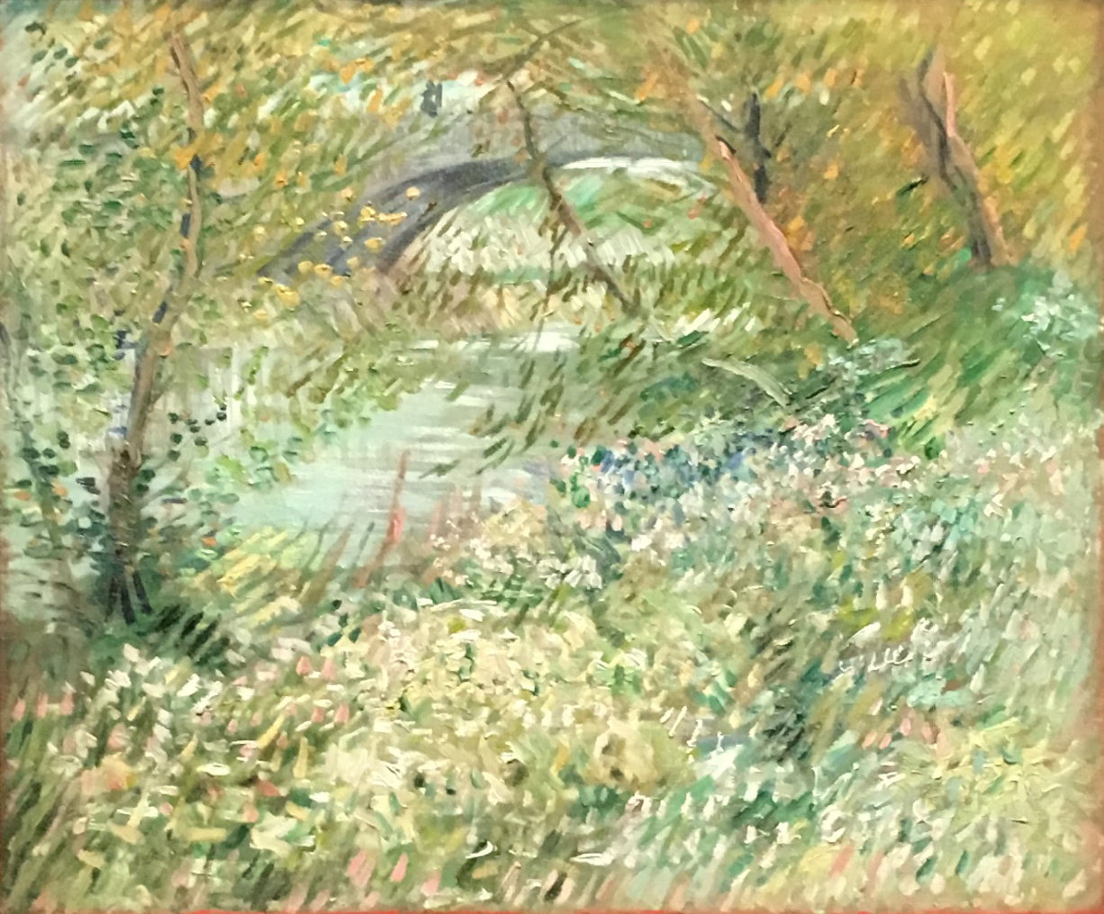An impressionistic, softly blurred view of 'Riverside in Spring', where brushstrokes merge into a vibrant haze of green, yellow, and hints of blue.