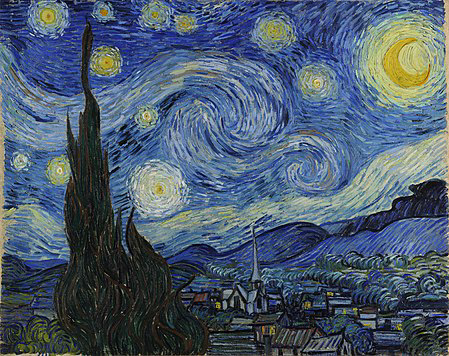 Van Gogh's iconic 'The Starry Night', a dramatic night sky filled with swirling clouds, vibrant stars, and a crescent moon over a quiet town.