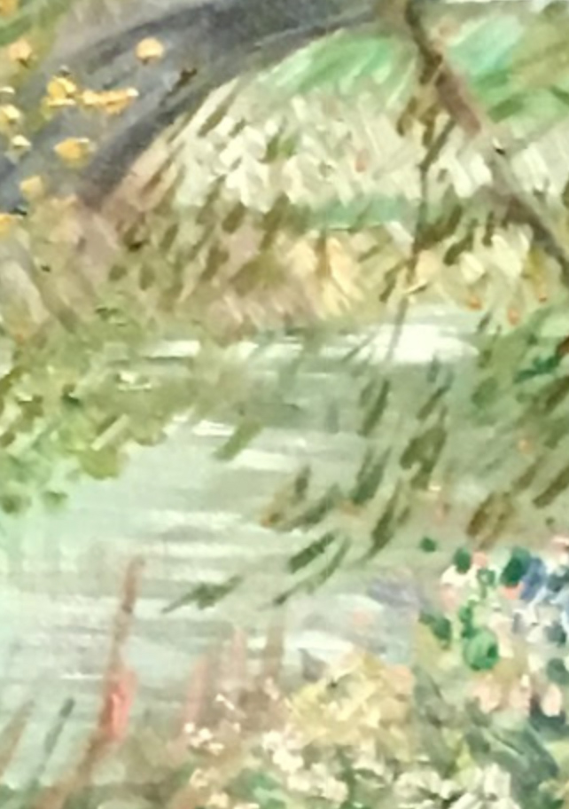A detailed close-up of a single, wind-swept tree branch from 'Riverside in Spring', showing the thick, expressive texture of the paint.
