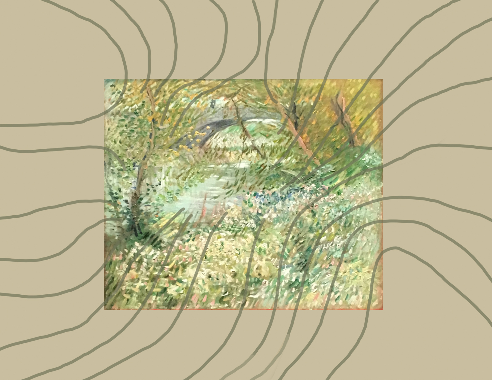 An analytical overlay on 'Riverside in Spring' with white lines tracing the direction of the brushstrokes, suggesting the flow and path of the wind.