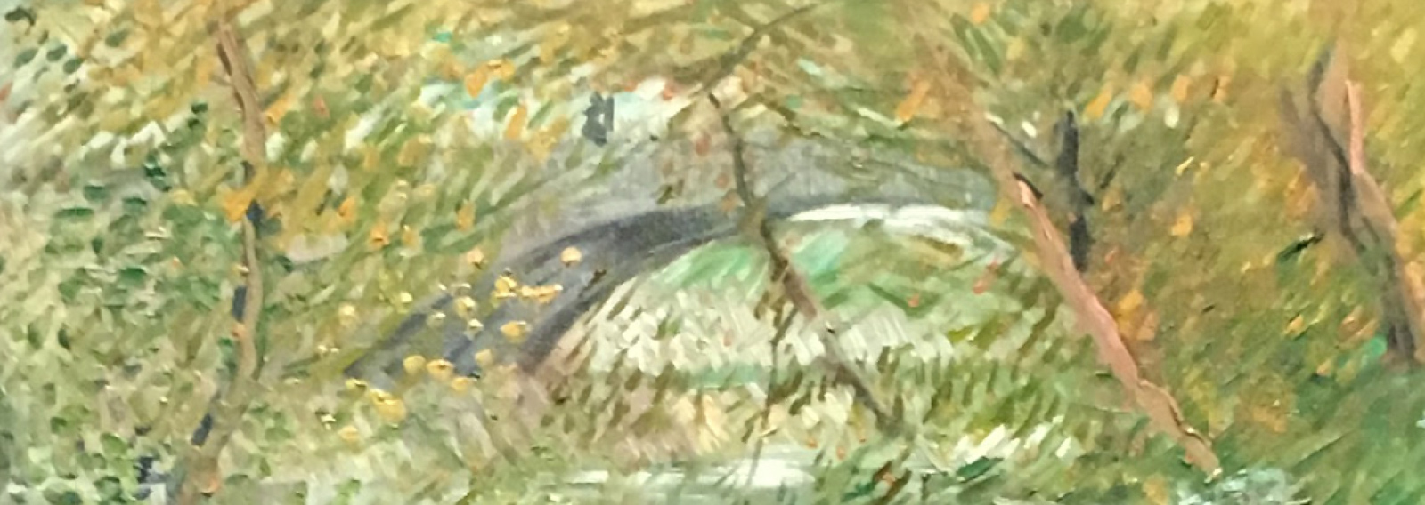 A detail from 'Riverside in Spring' focusing on the distant stone arch bridge and the solitary figure standing upon it.