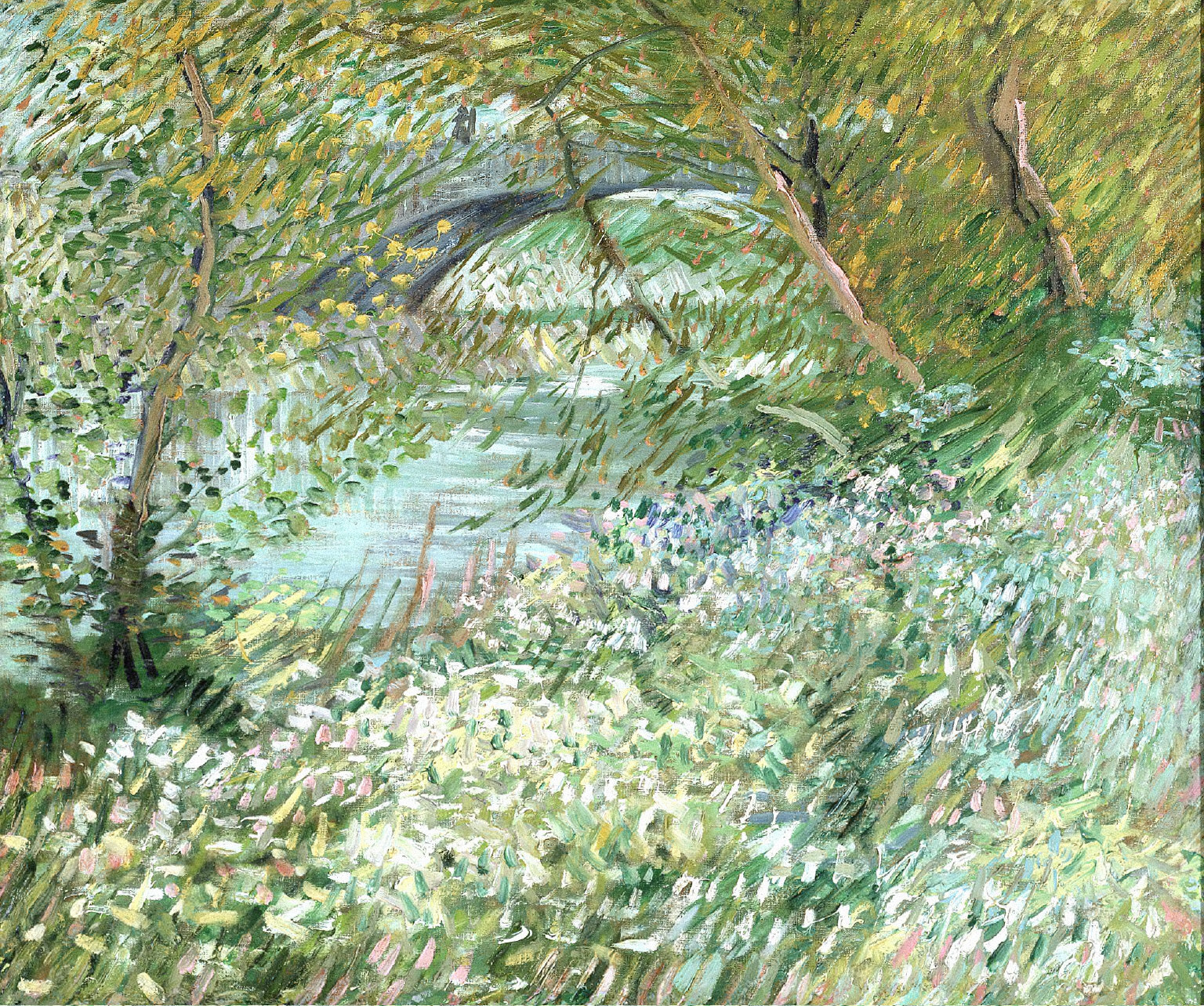 The full painting 'Riverside in Spring' depicting a serene riverside scene with trees, grass, and a bridge under a soft spring sky.