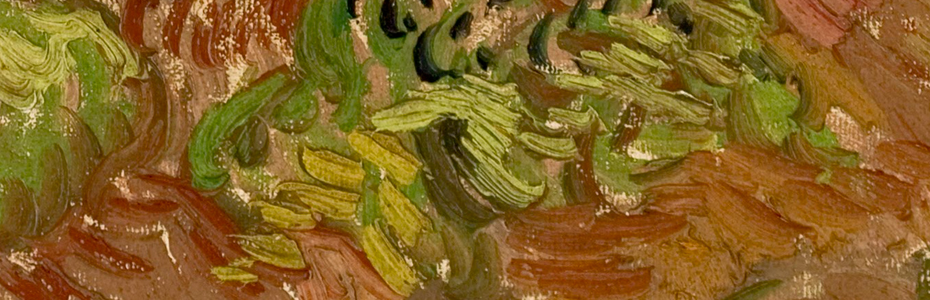 An extreme close-up of the textured, impasto brushwork in Van Gogh's 'The Stone Bench in the Garden of the Asylum'.