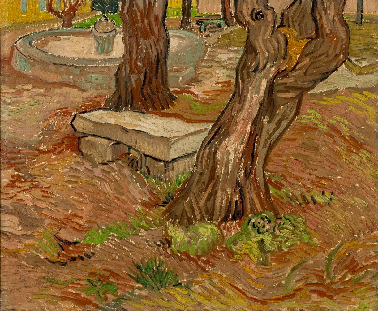 The complete painting 'The Stone Bench in the Garden of the Asylum' showing a stone bench nestled in a garden, rendered with Van Gogh's characteristic swirling brushstrokes.