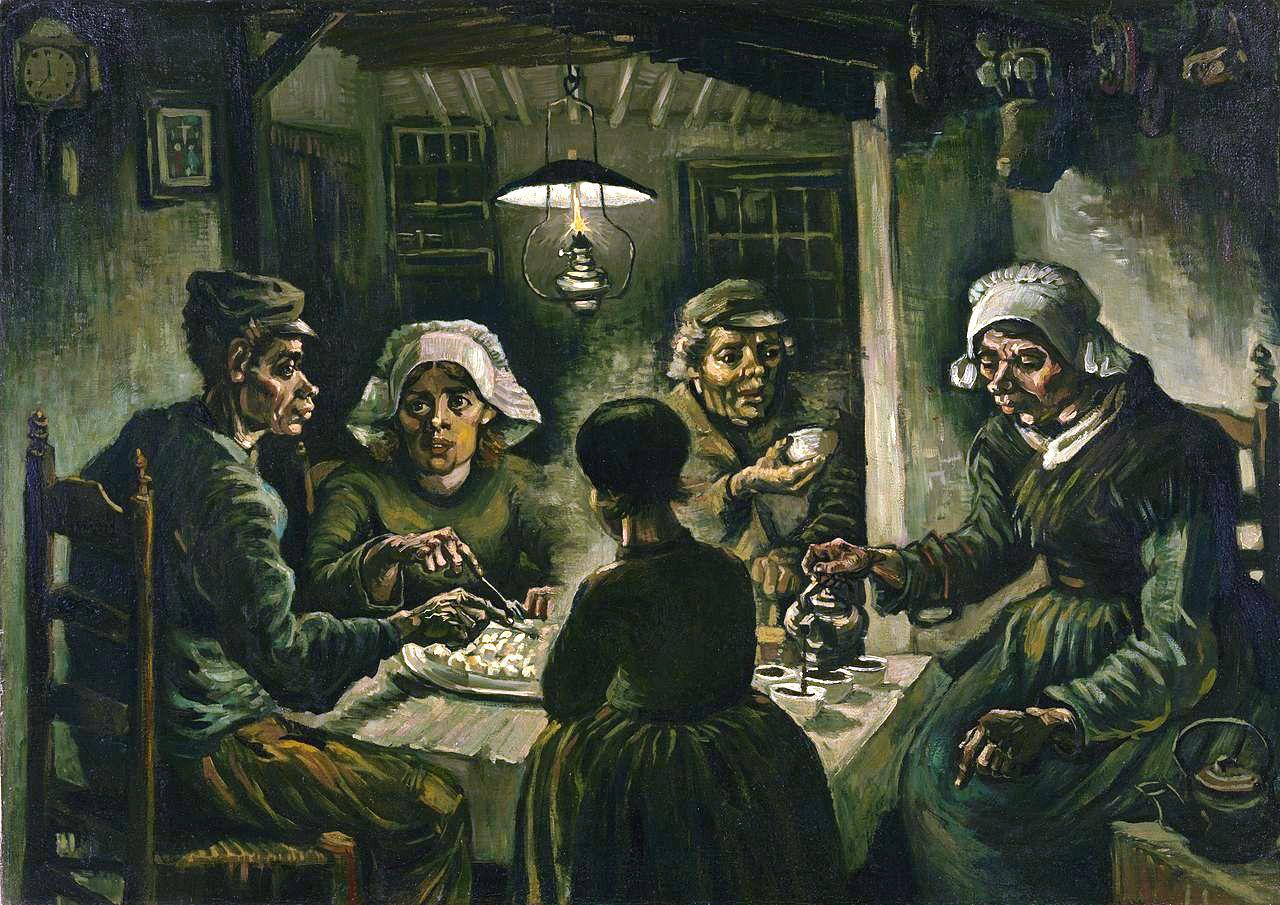 Van Gogh's 'The Potato Eaters', a somber interior scene of peasants sharing a meal of potatoes under a dim lamp.